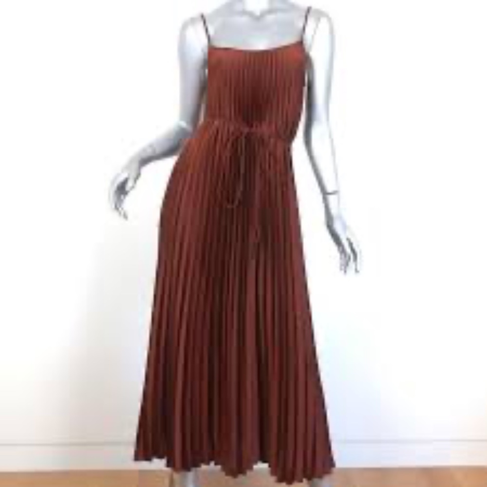 Vince Pleated Satin Midi Dress in Brown Size Extra Small